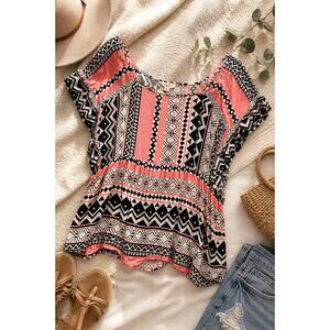 Easel Los Angeles Boho Tribal Print Top Pink Black Flowy Size L